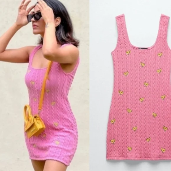 ZARA Floral Embroidery Cable Knit Mini Tank Dress - Picture 1 of 9